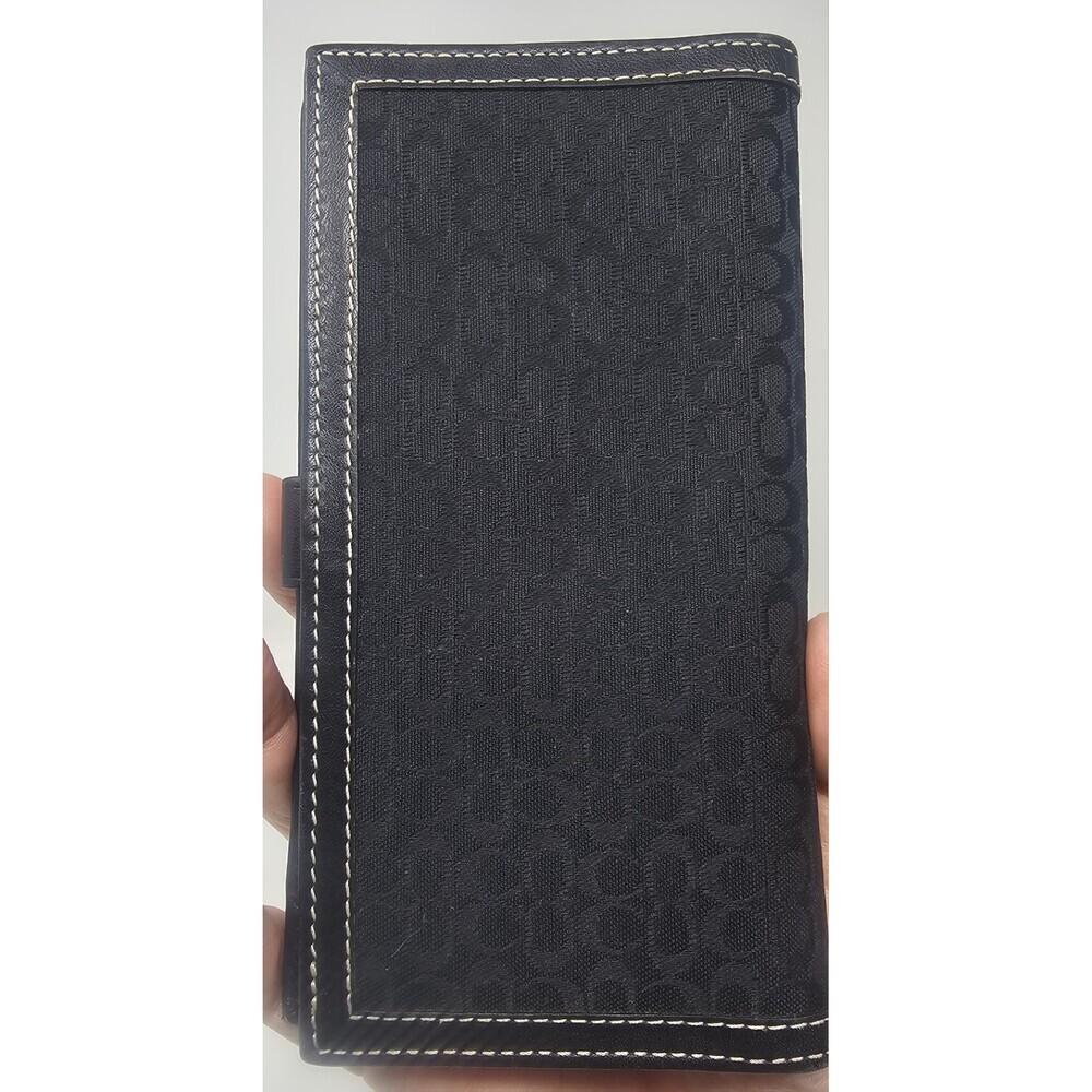 Coach Signature Monogram Logo Checkbook Holder Cover Wallet Black Canvas Leather